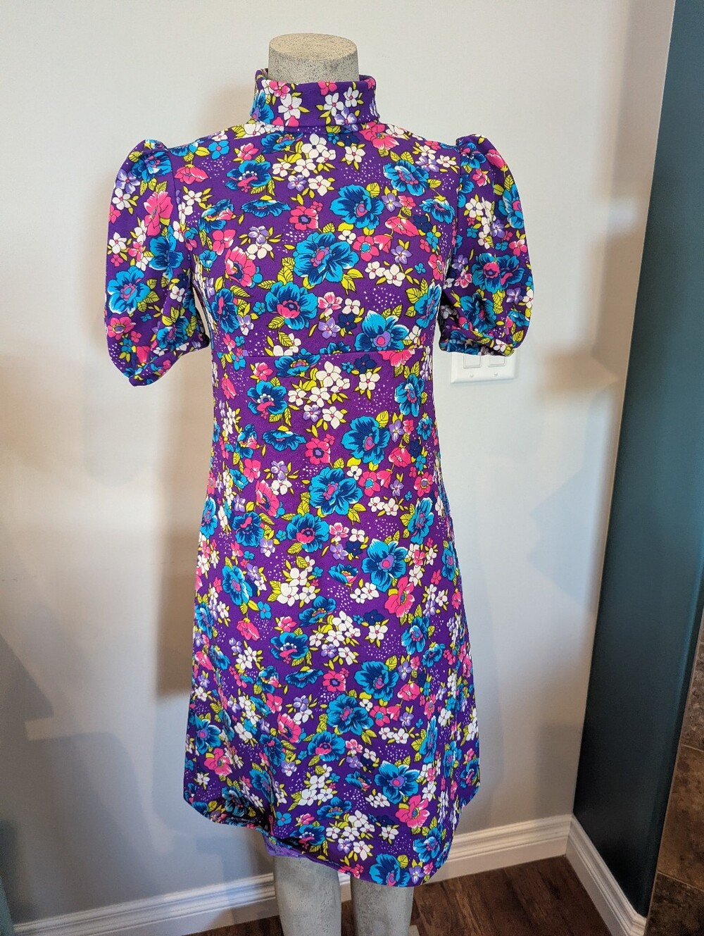 Vintage handmade 1970s midi Dress Gogo Mod Disco Floral Jewel Tone dress Sz M